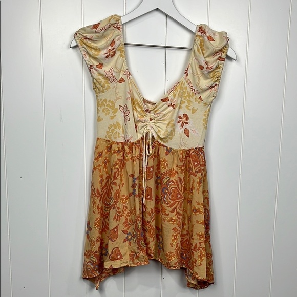 Free People Womens Top XS/S Orange/Yellow Puff Sleeves Cinch Front Keyhole Boho - Picture 1 of 10